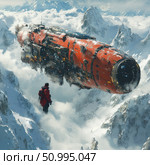 A futuristic scene with a giant spaceship hovering above snowy mountain peaks. A lone man in a red jacket stands on the edge of a cliff, looking at the massive vessel surrounded by fog and clouds. The picture conveys an atmosphere of the unknown, grandeur and science fiction. Perfect for book covers, movies, games and concept art on the theme of space, future and exploration of the unknown. Стоковое AI-изображение, AI-художник Анна Кривицкая / Фотобанк Лори