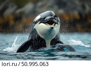 A photograph of a killer whale (Orcinus orca) emerging from the water with its mouth open. The image captures a dynamic moment - splashes of water, powerful lines of the body and the expressive gaze of a sea predator. The background is the sea surface and vague outlines of rocks or shore. An ideal image for use in educational, scientific, environmental and advertising projects dedicated to marine life, nature, animal protection and wildlife. Стоковое AI-изображение, AI-художник Анна Кривицкая / Фотобанк Лори