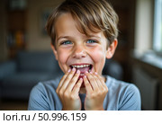 Close-up portrait of a young boy biting his nails. Concept of anxiety and habits. Стоковое AI-изображение, AI-художник Ирина Старикова / Фотобанк Лори