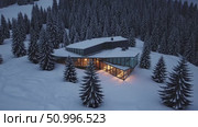 Glowing warm lights illuminating sleek wooden chalet interior, nestled amid snow covered alpine forest during twilight, radiating serene winter sanctuary ambiance. Стоковое AI-видео, аниматор Данил Руденко / Фотобанк Лори