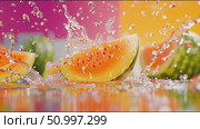 Vibrant watermelon slices create dynamic splashes in colorful water backdrop during summer fun. Стоковое AI-видео, аниматор Сергей Толмачёв / Фотобанк Лори
