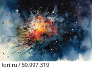 An abstract watercolor illustration depicting a cosmic explosion or a flash of energy. Bright flashes of red, yellow and blue colors rapidly diverge from the center, creating a sense of movement and power. The composition resembles the moment of a supernova explosion, the Big Bang or the birth of a new galaxy. Ideal for the design of popular science materials, books, album covers, posters and conceptual design. Стоковое AI-изображение, AI-художник Анна Кривицкая / Фотобанк Лори