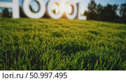 Green grass dominating foreground, blurred SCHOOL sign nestled in background, presenting peaceful learning environment signage with soft depth of field. Стоковое AI-видео, аниматор Данил Руденко / Фотобанк Лори