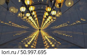 Glowing lanterns suspended in mirrored tunnel casting enchanting reflections, generating immersive visual experience with magical luminescent corridor perspective. Стоковое AI-видео, аниматор Данил Руденко / Фотобанк Лори