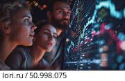 People analyzing data on a digital display during an evening gathering in a modern space. Стоковое AI-видео, аниматор Сергей Толмачёв / Фотобанк Лори