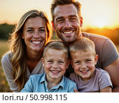 Four family members coming together for a heartwarming sunset gathering, showcasing love and happiness against a vibrant orange sky and serene landscape Generative AI. Стоковое AI-изображение, AI-художник Юлия Петровская / Фотобанк Лори