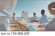 Business meeting takes place on luxury yacht in sunny ocean location with professional engagement. Стоковое AI-видео, аниматор Сергей Толмачёв / Фотобанк Лори