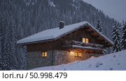 Wooden chalet glowing under soft evening light, sitting peacefully among snow blanketed pines, capturing serene winter mountain twilight ambiance. Стоковое AI-видео, аниматор Данил Руденко / Фотобанк Лори