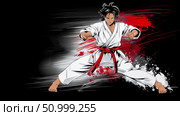 Dynamic martial artist in white gi, demonstrating powerful stance with red and black splashes in background, showcasing strength and focus in action-packed illustration. Стоковое AI-изображение, AI-художник Ирина Ручушкина / Фотобанк Лори