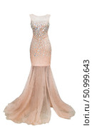 Luxury evening pink dress of chiffon transparent fabric with crystals, sequins and payets. Стоковое фото, фотограф Екатерина Красникова / Фотобанк Лори