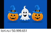 Playful ghost character surrounded by two smiling pumpkins wearing blue witch hats, creating a festive Halloween atmosphere with vibrant colors and cheerful expressions. Стоковое AI-видео, аниматор Ирина Ручушкина / Фотобанк Лори