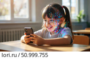 A schoolgirl is sitting at a table by the window with a smartphone in her hands. An abstract digital portrait, the face is layered on a grid of data and pixels. Стоковое AI-изображение, AI-художник Терехова Марина / Фотобанк Лори