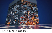 Sleek metallic Kaaba like form gleaming with luminescent fractures, resting on illuminated ground beneath azure skies, merging architectural heritage with cutting edge design. Стоковое AI-видео, аниматор Данил Руденко / Фотобанк Лори