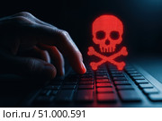 Cyber security. A Shadowy Hand on a Keyboard with a Glowing Skull Symbolizing Cyber Threats and Malicious Activities in the Digital Realm. Стоковое AI-изображение, AI-художник Башкирова Анна / Фотобанк Лори