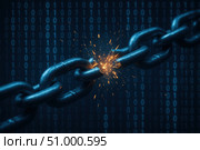 Cyber security. A Broken Chain Amidst Binary Code: Symbolizing the Breach of Security and the Fragility of Digital Connections in a Technological Era. Стоковое AI-изображение, AI-художник Башкирова Анна / Фотобанк Лори