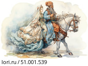 Watercolor illustration in oriental style - an elderly man with a long beard and a young woman in luxurious traditional clothes are riding a white horse. The picture is full of movement: fluttering fabrics, flowing lines and pastel colors create the atmosphere of a fairy tale, legend or historical epic. The visual style is inspired by Persian miniatures and folk art. Ideal for book design, postcards, illustrations to folklore and historical subjects. Стоковое AI-изображение, AI-художник Анна Кривицкая / Фотобанк Лори