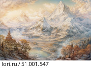 A fantastic mountain landscape, made in pastel and watercolor tones. In the foreground there is a fairy-tale temple with oriental architecture, located on a hillside. Behind it there is a valley with a lake, surrounded by majestic snow-capped mountains, disappearing into the clouds. The illustration creates a feeling of peace, the grandeur of nature and a mythical atmosphere. Ideal for decorating fantasy books, games, calendars and decor. Стоковое AI-изображение, AI-художник Анна Кривицкая / Фотобанк Лори