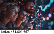 Group of young professionals analyzing data on a touchscreen in a dimly lit office at night. Стоковое AI-видео, аниматор Сергей Толмачёв / Фотобанк Лори