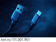 Close-Up of a USB-C and USB Cable, Showcasing High-Tech Connectivity in a Modern Digital Environment with Dark Background and Sleek Design. Стоковое AI-изображение, AI-художник Башкирова Анна / Фотобанк Лори