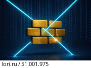 A Captivating Visual of Golden Bricks Intersected by Radiant Blue Laser Beams with Sparks Captured in a Futuristic Digital Matrix Environment. Стоковое AI-изображение, AI-художник Башкирова Анна / Фотобанк Лори