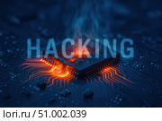 A Close-Up of a Computer Chip Overloaded with Energy, Emitting Smoke, Symbolizing Hacking and Cybersecurity Breaches in the Digital Age. Стоковое AI-изображение, AI-художник Башкирова Анна / Фотобанк Лори
