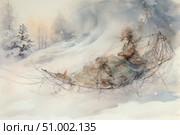Watercolor illustration in fairy tale style: a young girl in vintage winter clothes rides in an elegant fantasy sleigh pulled by unusual animals. The plot unfolds against the backdrop of a snowy forest with soft blue and beige shades. Lightness of brushstrokes and translucent layers create a feeling of a snowy fairy tale, coziness and magic. Perfect for book design, postcards, Christmas or winter projects, fantasy themes and children's illustration. Стоковое AI-изображение, AI-художник Анна Кривицкая / Фотобанк Лори