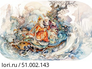 A watercolor fairy tale scene with two magical characters - a wise old man and a beautiful woman wearing a crown of leaves. They are sitting on a boat floating on a magical river, among swirls of water and fantastic shapes. A detailed composition, saturated with elements of nature, mythology and Art Nouveau. The illustration is inspired by Slavic folklore and fantasy painting. Ideal for decorating books, fairy tales, posters, postcards and collectible editions. Стоковое AI-изображение, AI-художник Анна Кривицкая / Фотобанк Лори