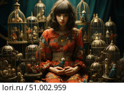 Atmospheric artistic portrait of a young woman in a vintage red dress with a floral pattern. She sits among many decorative cages with doll figurines and fantastic birds. Her gaze is piercing and focused, in her hands is a toy bird with a human face. The composition is made in the style of dark art with elements of surrealism and theatrical production. Ideal for posters, book covers, music albums, steampunk and gothic aesthetics. Стоковое AI-изображение, AI-художник Анна Кривицкая / Фотобанк Лори