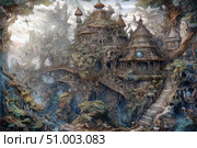 A fantastic illustration of a magical city built among ancient trees and roots. Architecture meets nature: houses, bridges and towers intertwine with branches, foliage and rocks, creating a single living space. An atmosphere of mystery and magic, with elements of steampunk, fantasy and the forest world. Perfect for book covers, games, movies, posters or concept art. The illustration evokes associations with elven cities, fairy tales and myths. Стоковое AI-изображение, AI-художник Анна Кривицкая / Фотобанк Лори