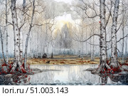 An atmospheric watercolor illustration of a winter forest with birch trees covered in frost. In the foreground is a frozen pond with reflections of the trees, surrounded by crimson leaves and roots. In the depths of the forest is a wooden hut, next to a wolf and wildlife. The light of dawn or sunset breaks through the misty thicket, giving the scene a magical and fairytale character. Ideal for themes of nature, winter, Slavic folklore, solitude and forest magic. Стоковое AI-изображение, AI-художник Анна Кривицкая / Фотобанк Лори