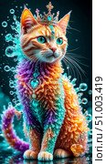 Кристаллический кот с короной и зелеными глазами. Стоковое AI-изображение, AI-художник Анастасия Пальчикова / Фотобанк Лори
