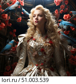 A fantastic portrait of a young woman with golden curls in a luxurious dress decorated with embroidery and voluminous flowers. Bright blue birds fly around her among red flowering branches, creating an atmosphere of magic and royal grandeur. The image seems to have come out of a fairy tale or fantasy world, combining glamour, mythology and romanticism. Suitable for book covers, posters, fantasy projects and art posters. Стоковое AI-изображение, AI-художник Анна Кривицкая / Фотобанк Лори