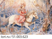 Watercolor illustration in fairy-tale style with a young rider on a white horse, racing through a magical forest. The girl in a pink dress with lace looks like the heroine of an ancient legend, surrounded by graceful trees and fantastic plants. The picture is filled with light, dreaminess and a sense of adventure, ideal for decorating children's books, covers, posters and decorative panels. Стоковое AI-изображение, AI-художник Анна Кривицкая / Фотобанк Лори