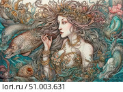 Artistic watercolor illustration of a sea goddess or mermaid surrounded by fantastic fish and underwater plants. Her image combines tenderness and strength, and rich decorative elements and intricate detailing create a sense of ancient magic and a fabulous underwater world. The illustration is made in a fantasy style with elements of Art Nouveau. Ideal for decorating books, collectible cards, posters, art projects and designer products. Стоковое AI-изображение, AI-художник Анна Кривицкая / Фотобанк Лори