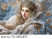 Portrait of a young woman in a luxurious dress inspired by ancient Russian or Byzantine motifs. Her face is framed by light curly hair, and her gaze is full of thoughtful tenderness. Richly decorated fabric with ornaments in golden and pearl tones envelops the figure, creating a feeling of softness and sophistication. In the background are frosty flowers and snow-covered plants, giving the composition a fairy-tale atmosphere. The image is filled with refined aesthetics, Art Nouveau style and elements of Slavic symbolism. Suitable for the design of art publications, interiors, thematic collections. Стоковое AI-изображение, AI-художник Анна Кривицкая / Фотобанк Лори