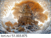 A fantastic temple or palace built right inside and around a giant tree with golden crowns. The architecture of the building is rich in details and decorations inspired by Eastern and Slavic motifs. The roots of the tree intertwine with stairs, terraces and columns, creating a fairy-tale atmosphere. The winter landscape with a light snow cover emphasizes the magic of the scene, as if this is a place from an ancient myth or legend. Other majestic buildings are visible in the distance. The painting is ideal for book covers, fantasy projects, interior reproductions and thematic collections. Стоковое AI-изображение, AI-художник Анна Кривицкая / Фотобанк Лори