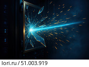 A Glimmering Blue Laser Erupts from a Shattered Glass Frame, Illuminating the Dark, Futuristic Environment with an Electric Energy. Стоковое AI-изображение, AI-художник Башкирова Анна / Фотобанк Лори