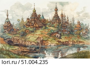Charming fairytale-style watercolor illustration depicting an ancient wooden city with carved towers, domes and churches, located on a hill by the water. The cozy and magical landscape resembles scenes from Russian folk tales and epics. Rich architecture with elements of Old Slavonic style makes this image ideal for book design, board games, fantasy projects, as well as materials on the history and culture of Ancient Rus'. Стоковое AI-изображение, AI-художник Анна Кривицкая / Фотобанк Лори