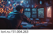 Monitoring data in a high-tech control room at night with multiple screens displaying information. Стоковое AI-видео, аниматор Сергей Толмачёв / Фотобанк Лори