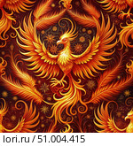 Fiery Phoenix Wallpaper Pattern With Intricate Floral Designs. Generative AI. Стоковое AI-изображение, AI-художник Roman Zavorotny / Фотобанк Лори