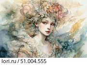 Watercolor portrait of a fairy-tale girl with a flower crown and delicate features. Her gaze is thoughtful, her skin is porcelain, her hair is loose in light waves and woven into a composition with flowers. The background is painted with watercolor strokes - it is like a fusion of image and nature. The illustration combines femininity, dreaminess and light magic. Perfect for book covers, tarot cards, fashion magazines and illustrations for romantic stories. Стоковое AI-изображение, AI-художник Анна Кривицкая / Фотобанк Лори