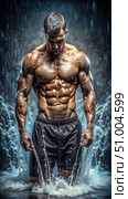 Muscular Man Standing in Water With Defined Muscle Fibers. Generative AI. Стоковое AI-изображение, AI-художник Roman Zavorotny / Фотобанк Лори