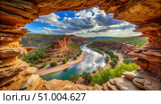 Natures Window View of the Murchison River in Calibre National Park, Western Australia. Generative AI. Стоковое AI-изображение, AI-художник Roman Zavorotny / Фотобанк Лори