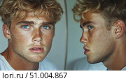 A young man with captivating blue eyes and curly blonde hair displays charm and confidence, highlighting his unique features and natural allure. Стоковое AI-видео, аниматор Данила Большаков / Фотобанк Лори