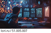 Operator monitors multiple screens in a high-tech control room during nighttime operations. Стоковое AI-видео, аниматор Сергей Толмачёв / Фотобанк Лори