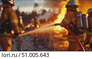 Firefighters combat raging flames at sunset during emergency rescue operation near woodland area. Стоковое AI-видео, аниматор Сергей Толмачёв / Фотобанк Лори
