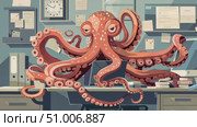 A vibrant octopus juggles tasks at a messy desk filled with papers, books, and a clock, showcasing its unique office skills during daytime hours. Стоковое AI-видео, аниматор Данила Большаков / Фотобанк Лори