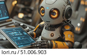 A small robot works diligently with a tablet, analyzing data in a high-tech control room filled with glowing screens and machinery. Стоковое AI-видео, аниматор Данила Большаков / Фотобанк Лори