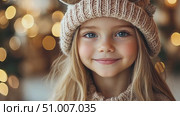 A cheerful young girl with long hair and a knit hat beams as she stands amidst twinkling lights, capturing the essence of winter joy. Стоковое AI-видео, аниматор Данила Большаков / Фотобанк Лори