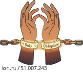 Руки, скованные светящейся цепью "Долг" и "Обязательство" ("Duty" and "Commitment"): метафора невидимого, но огромного груза ответственности, моральных обязательств и внутренних ограничений. Стоковое AI-изображение, AI-художник Ирина Першина / Фотобанк Лори